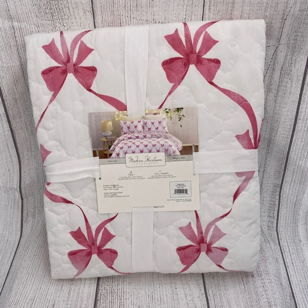Modern Heirloom Abigail Bow Quilt Set Twin White Pink Ribbon Coquette Cottage